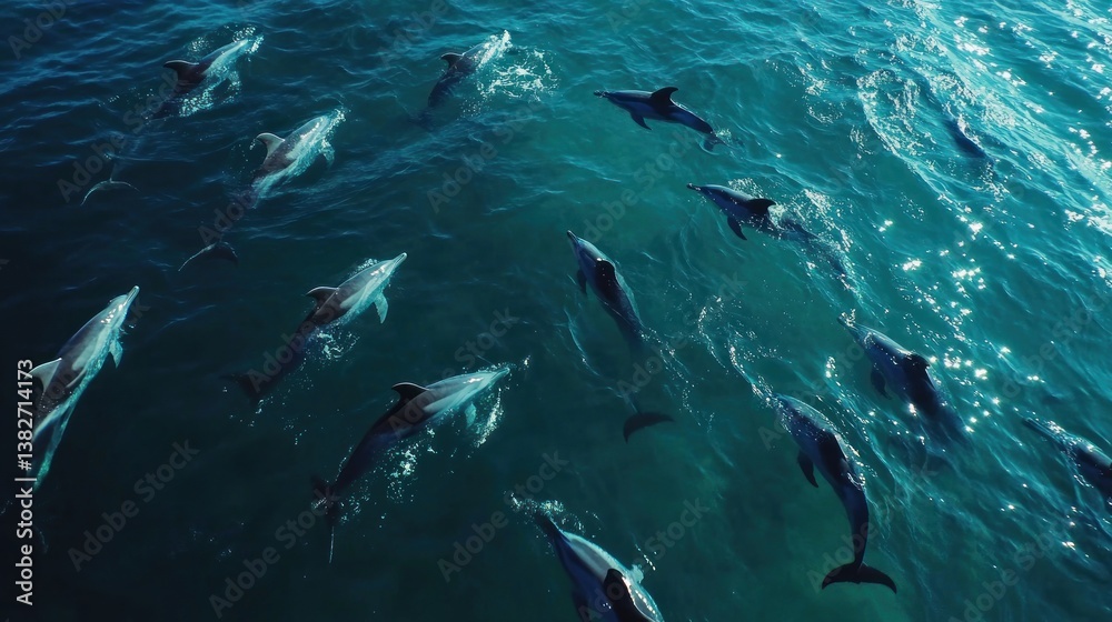 Aerial view of a pod of dolphins swimming in clear blue ocean water, aquatic mammals
