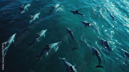 Obraz na płótnie Aerial view of a pod of dolphins swimming in clear blue ocean water, aquatic mammals w salonie