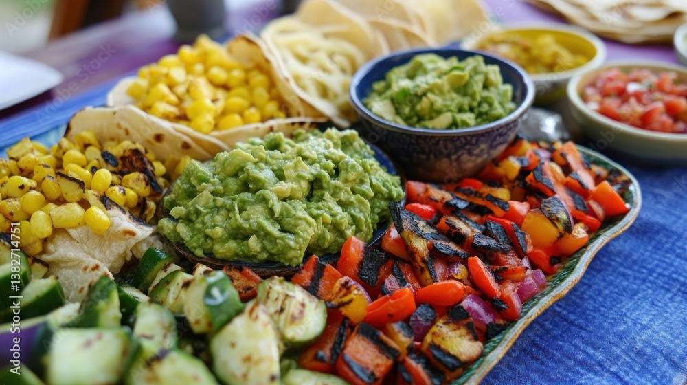 Vibrant taco platter featuring fresh guacamole, salsas and grilled vegetables creating a festive meal