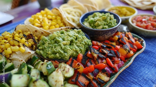 Vibrant taco platter featuring fresh guacamole, salsas and grilled vegetables creating a festive meal