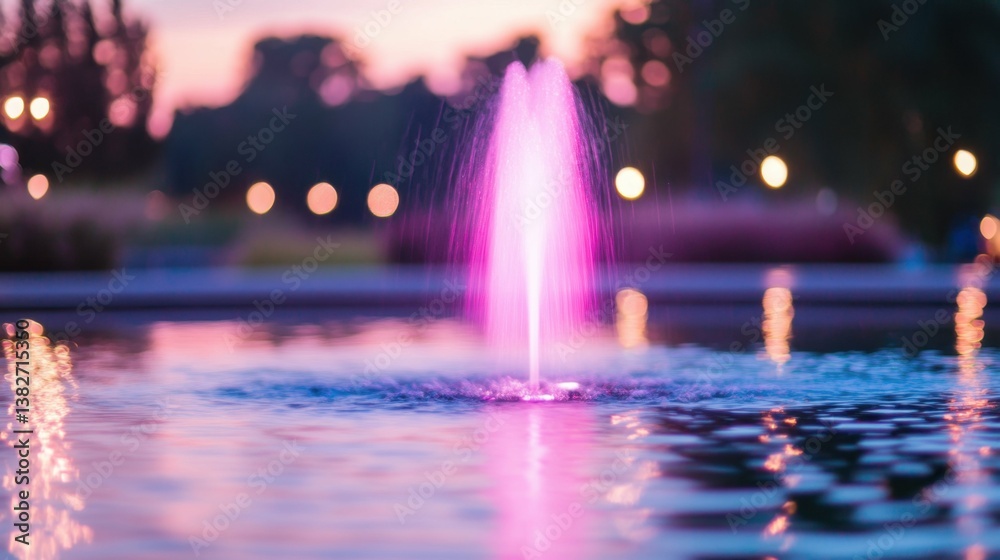 Obraz premium Pink fountain illuminated at dusk with soft bokeh landscape