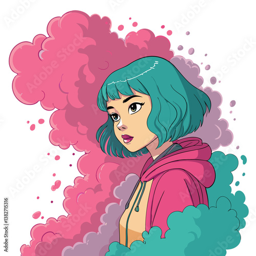 Create a bold, vector illustration of a stylized anime woman, showcasing dynamic lines and vibrant colors.  Focus on strong outlines and impactful composition.