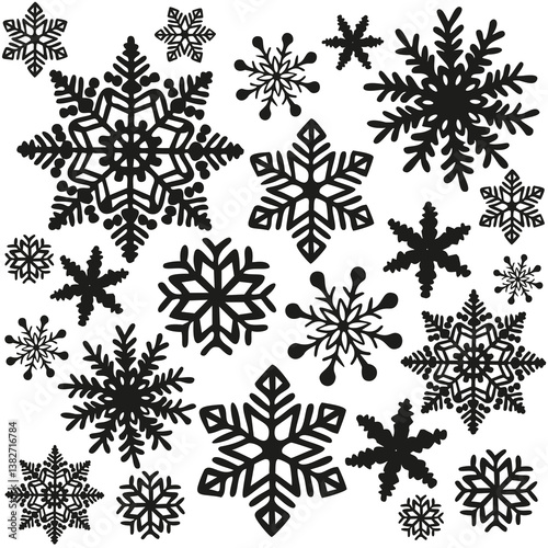 Illustration Motif Flocons de Neige Formes variées Blanc sur Fond Noir Vecteur