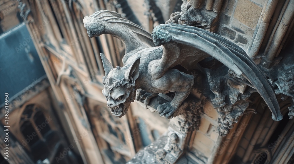 Gargoyle sentry of a European cathedral, architectural gothic element, ancient