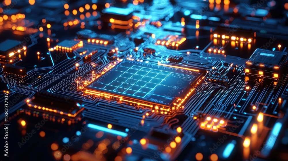 Glowing Circuit Board: A Close-Up of a Futuristic Microchip Glowing Circuit Board: A Close-Up of a Futuristic Microchip