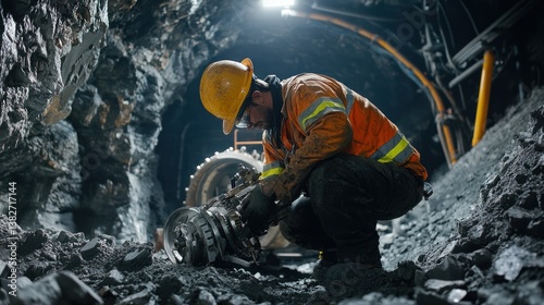 Maintenance technician inside mine tunnel repairing heavy machinery equipment