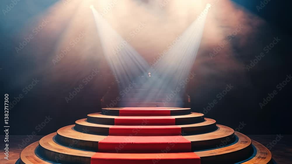 Round stage with red carpet and dramatic spotlight in dark smoky atmosphere for award or performance background