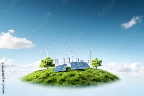Energy panels and windmills on island. Green power concept	
