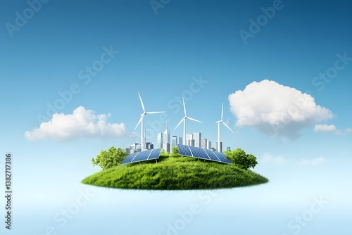 Energy panels and windmills on island. Green power concept