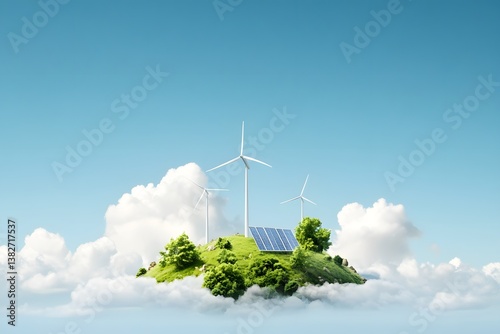 Energy panels and windmills on island. Green power concept	
