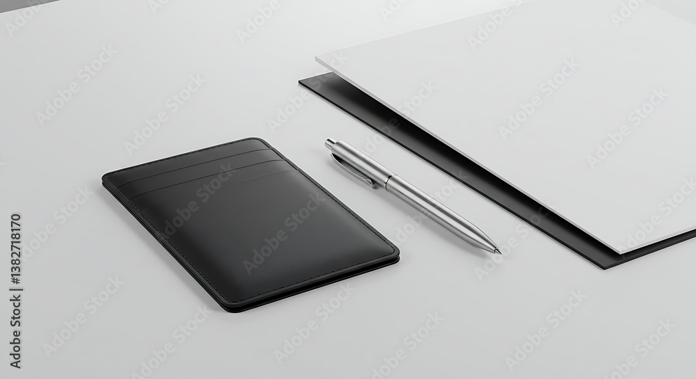 Office essentials mockup, including an ID card holder, a retractable pen, and a paper file Office essentials mockup, including an ID card holder, a retractable pen, and a paper file