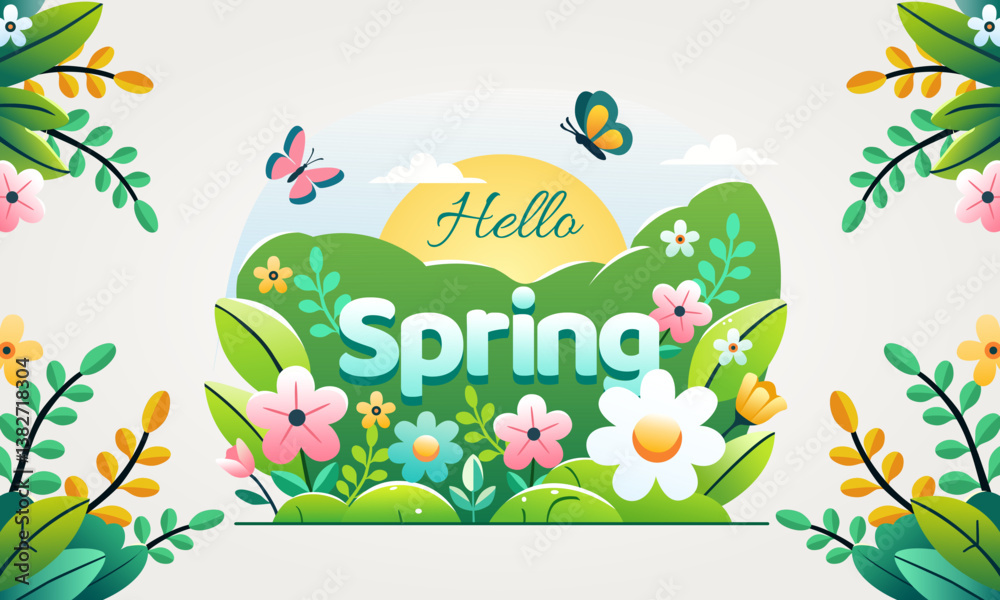 Hello Spring vector card. Hand-drawn horizontal banner for decoration spring events, Mother's Day, Easter. Beautiful spring pattern with wildflowers, butterflies, and green foliage. Concept of trendy 
