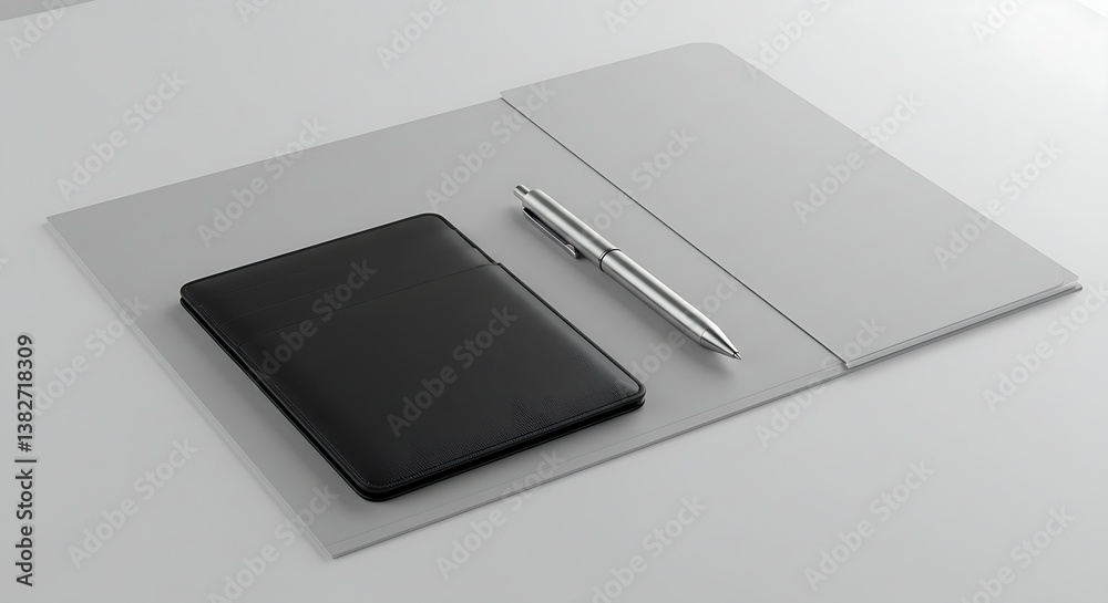 Office essentials mockup, including an ID card holder, a retractable pen, and a paper file Office essentials mockup, including an ID card holder, a retractable pen, and a paper file