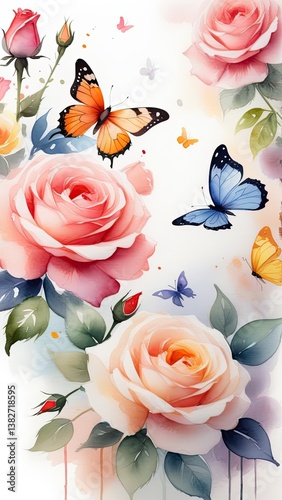 Watercolor roses with fluttering butterflies in soft dreamy palette