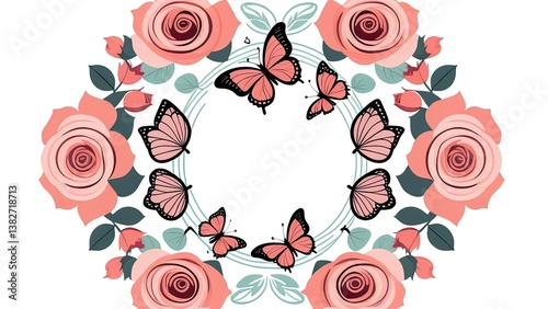 Pastel flat design of roses and butterflies in elegant circular symmetry