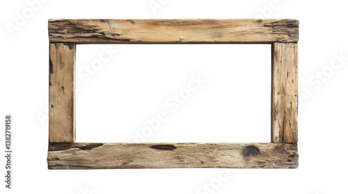Old weathered wooden frame with a dark center against a black background in a studio setting