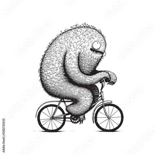 A funny, hairy monster with big eyes and sharp teeth riding a tiny bicycle in a hand-drawn sketch style.