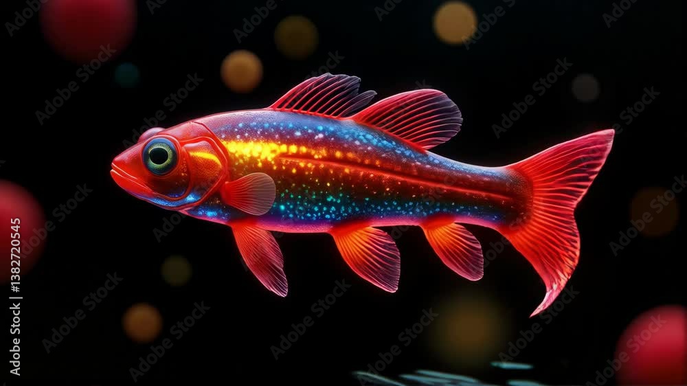 A fish with a rainbow tail is swimming in a black background A fish with a rainbow tail is swimming in a black background