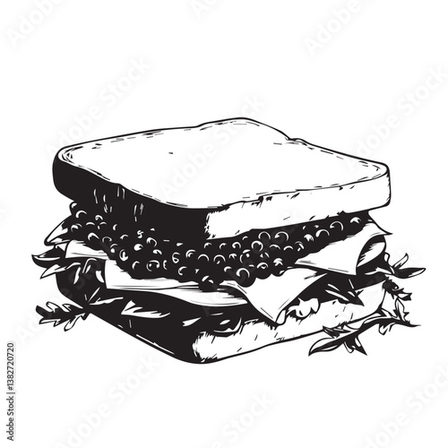 image of a sandwich with black caviar, logo, black and white vector graphics
