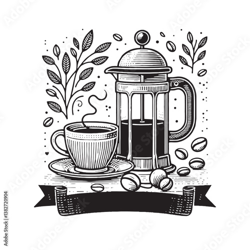 Hand-drawn coffee cup and French press with coffee beans