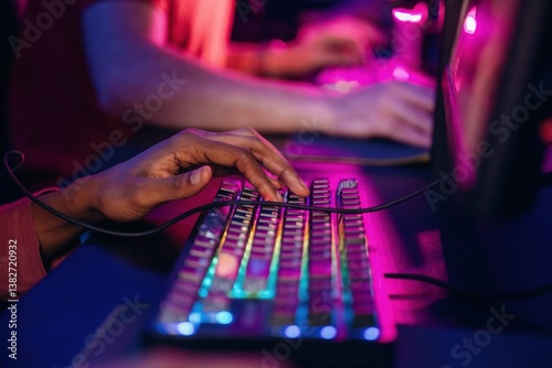 Close up view of keyboard and hands. Gamers are playing video game by computers