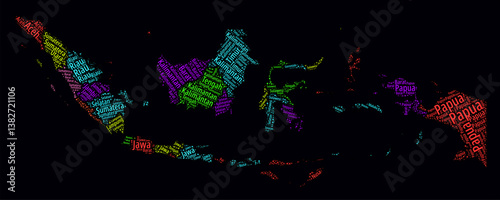 Indonesia Word Cloud. Region names of the country in the Indonesian language. Bright neon style design on a dark background. Indonesia shape with administrative division. Creative vector illustration.