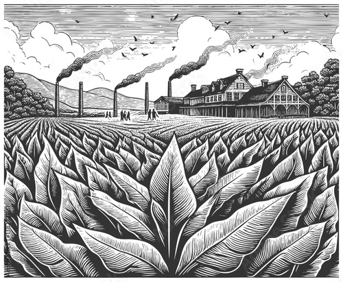 tobacco plantation with large factory buildings and smoking chimneys in the background sketch engraving generative ai vector illustration. Scratch board imitation. Black and white image.