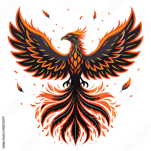 Design a vector graphic of a neon phoenix rising from flames, using bold, dynamic strokes.  Emphasis on vibrant colors and a powerful silhouette.