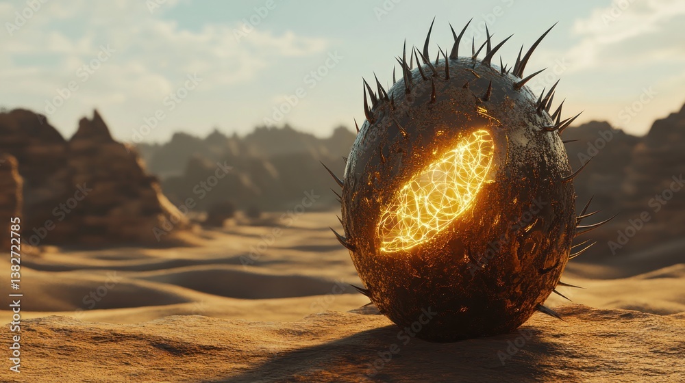 Fantasy egg with glowing thorns floating in surreal desert landscape