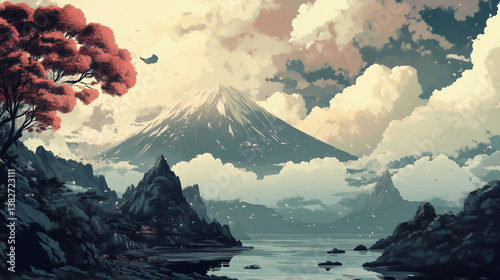 Misty Mountain with Trees in Foreground