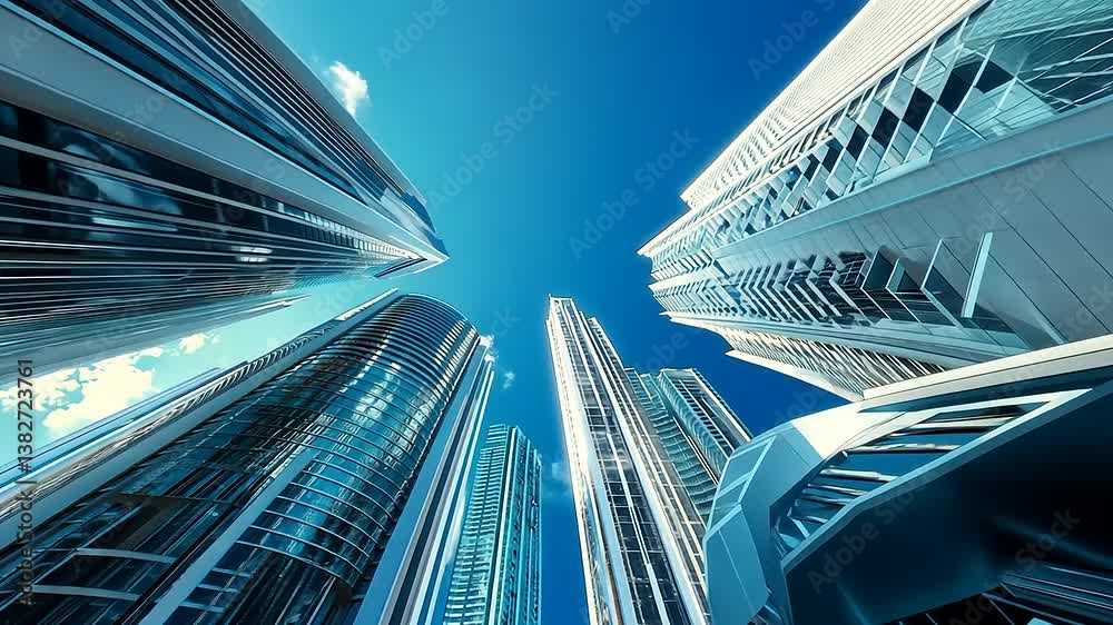 A breathtaking view of towering skyscrapers under a vibrant blue sky in an urban setting A breathtaking view of towering skyscrapers under a vibrant blue sky in an urban setting