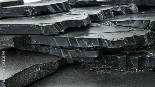 A close-up macro shot of coal and graphite deposits stacked together, showing their reflective surfaces and natural patterns under soft studio lighting.
