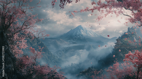 Snowy Mt. Fuji and Japanese Cherry Blossoms