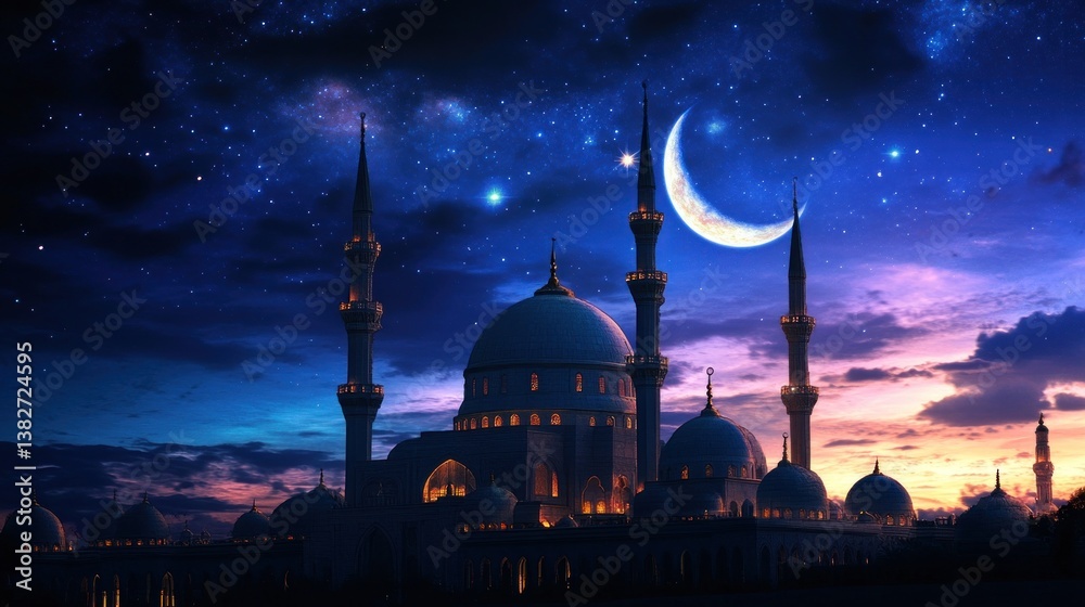 Serene Mosque Under the Crescent Moon and Starry Sky during Ramadan Night
