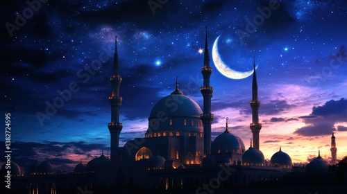 Obraz na płótnie Serene Mosque Under the Crescent Moon and Starry Sky during Ramadan Night w salonie