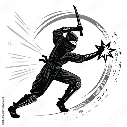 Design a vector illustration of a powerful ninja, utilizing bold, dynamic strokes and vibrant glowing effects, emphasizing sharp lines and intense energy.