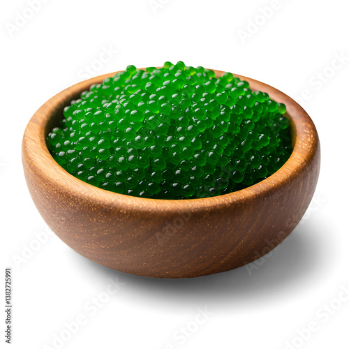 Green fish roe in the wooden bowl isolated background, Wasabi tobiko in small wooden bowl