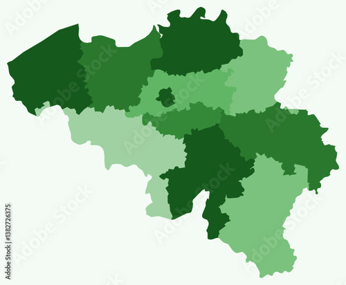 Map of Belgium with regions. Just a simple country border map with region division. Green color palette. Plain Kingdom of Belgium shape with administrative division. Vector illustration.
