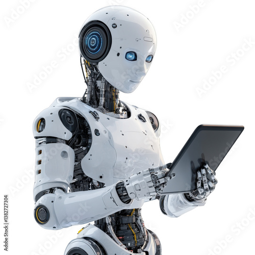 A white humanoid robot holding a tablet with a transparent background in a studio setting image