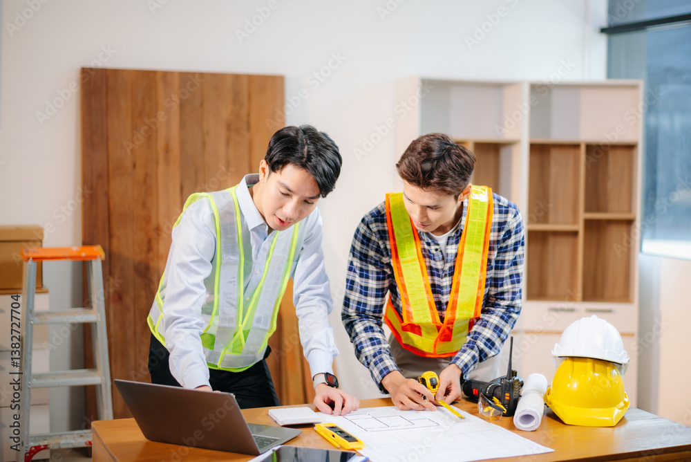 Obraz premium Engineer teams meeting working together wear worker helmets hardhat with on architectural project site and making model house.