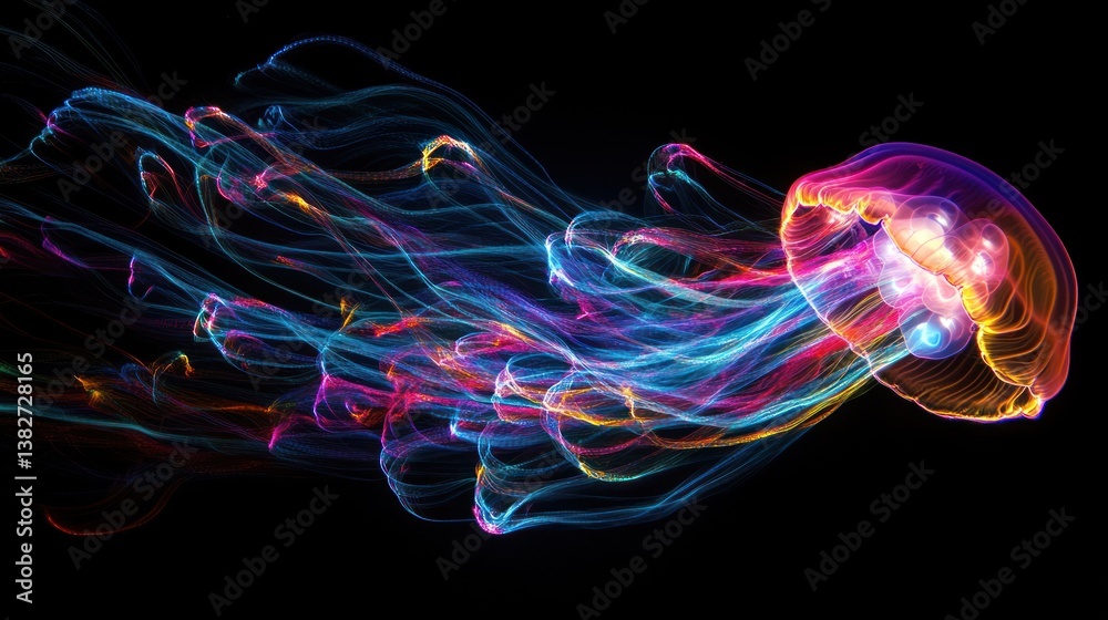 Abstract glowing jellyfish composed of vibrant neon light trails in dark background