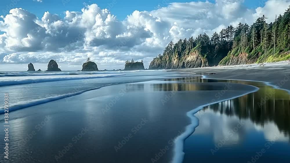 Serene coastal landscape with waves lapping the shore under dramatic clouds and reflections