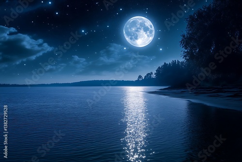 A moonlit night over a tranquil bay, starlight sparkling on the water's surface.