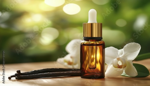 Glass bottle of vanilla essential oil, vanilla beans, and white orchid flowers on a wooden table.