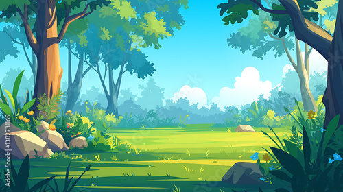 A contemporary cartoon illustration of a summer forest scene, showcasing a landscape of trees, bushes, stones, and sunlight in a nature park or garden setting.
