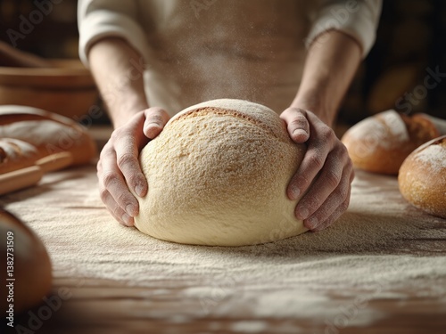 Baker molds golden dough in bakery preparation artisan food on table
