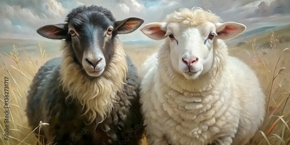 Fototapeta premium Sheep standing in a golden field. A symbolic image of diversity, rural charm, and farm life balance