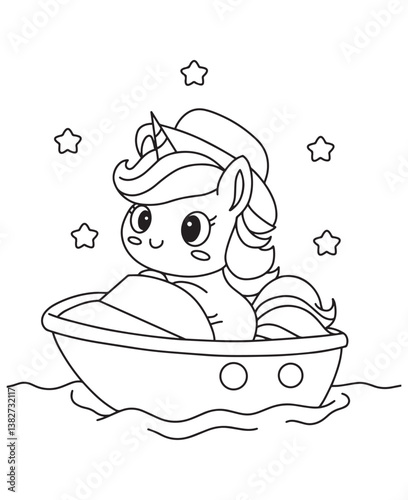 Coloring book unicorn sailor wearing a hat, riding a boat on waves, surrounded by stars