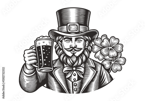 Vintage woodcut illustration of an Irish leprechaun with a top hat, shamrock, long beard, and glass of ale in St. Patrick's Day folklore style

