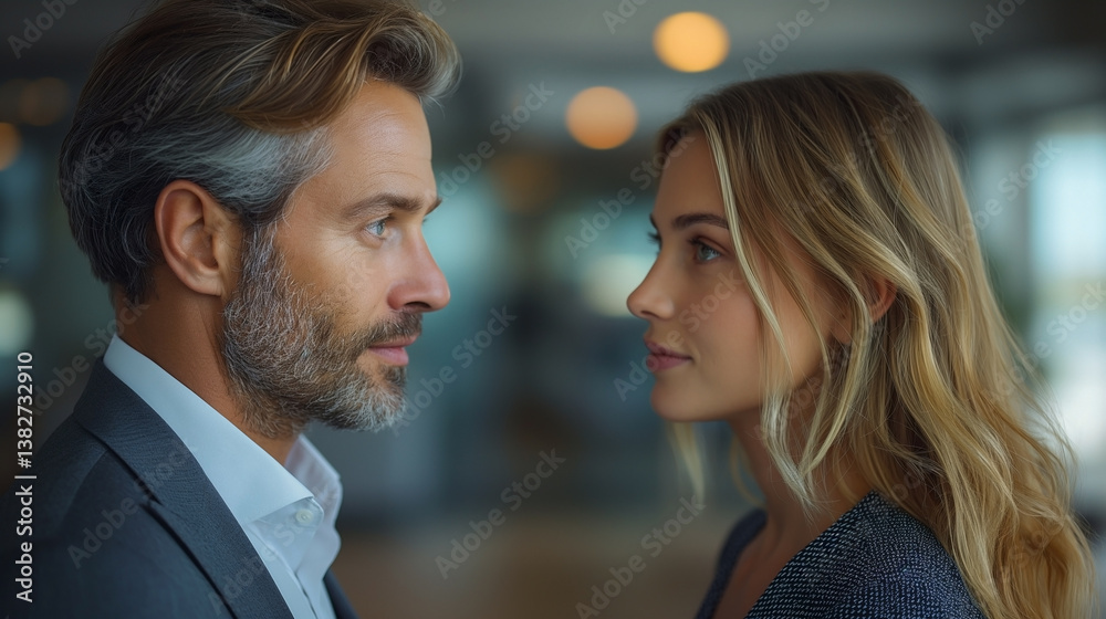 Naklejka premium A sophisticated portrait of a Caucasian man and woman, sharing an intense gaze in a modern office setting.